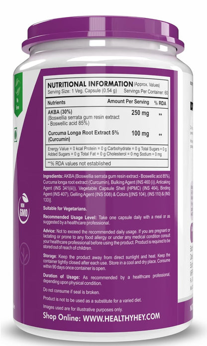 HealthyHey Nutrition AKBA with 85% Boswellic Acid & Curcumin - 100% Natural - Joint Health Supplement-60 Veg Capsules Acetyl-keto-beta-boswellic acid