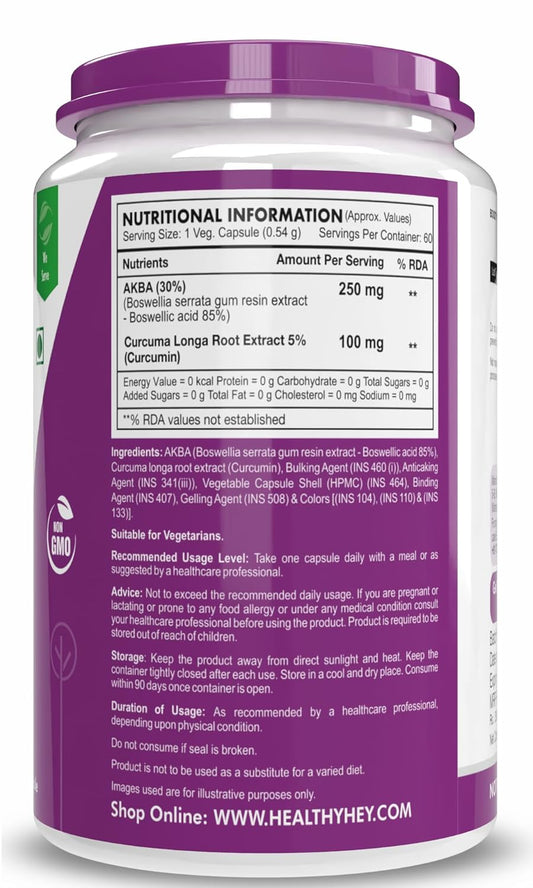 HealthyHey Nutrition AKBA with 85% Boswellic Acid & Curcumin - 100% Natural - Joint Health Supplement-60 Veg Capsules Acetyl-keto-beta-boswellic acid