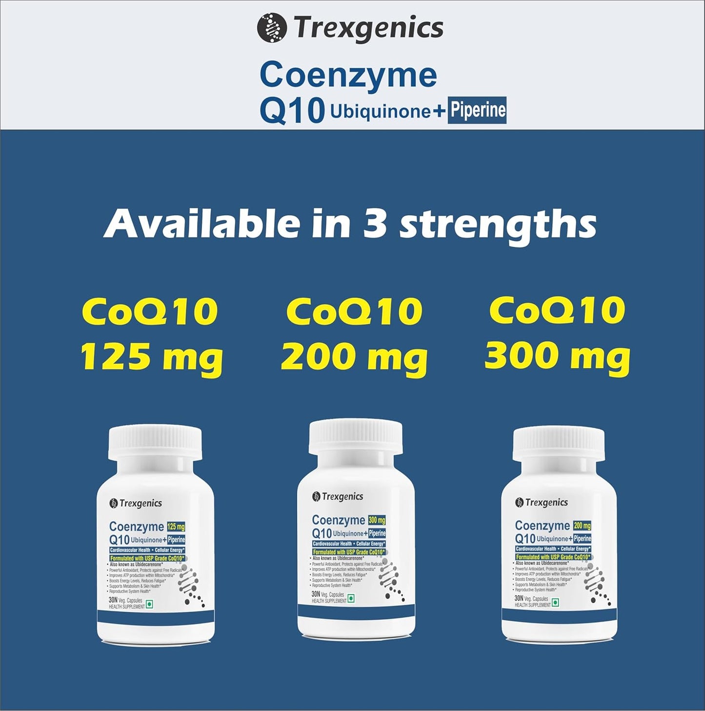 Trexgenics COENZYME Q10 125 mg USP grade Ubiquinone (Ubidecarenone) with Piperine 5 mg Antioxidant, Cellular Energy, Heart Health (30 Veg Capsules))