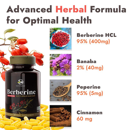 Berberine Advanced 500mg Capsules for Glucose Balance, Optimal Metabolism & Weight Management â€“ Plant-Based Formula with Banaba, Piperine & Cinnamon Extracts [Vegan Friendly] (Pack of 1 - 60 Capsules Each)