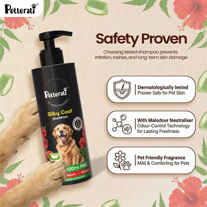 Petterati Silky Coat Dog Shampoo | Aloe Vera, Neem & Hibiscus | Deep Cleansing for Soft, Shiny Coat | 200ml + 100ml Free