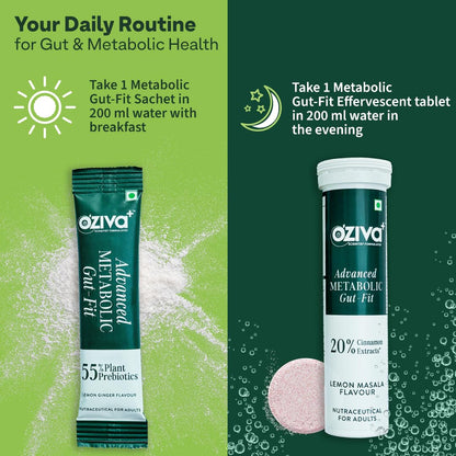 OZiva+ Advanced Metabolic Gut-Fit For Gut & Metabolic Heath | With Cinnamon Polyphenols, B420â„¢ Probiotic, Oat Fiber Prebiotic | 30 Sachets + 30 Effervescent Tablets