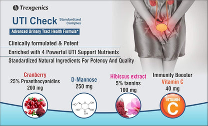 Trexgenics UTI CHECK Advanced Urinary Tract Cleanse & Function, Immunity Support with Optimized Cranberry 200mg, D-Mannose 250mg & Hibiscus 100mg & Vitamin C 40mg (60 Vcaps) (1)