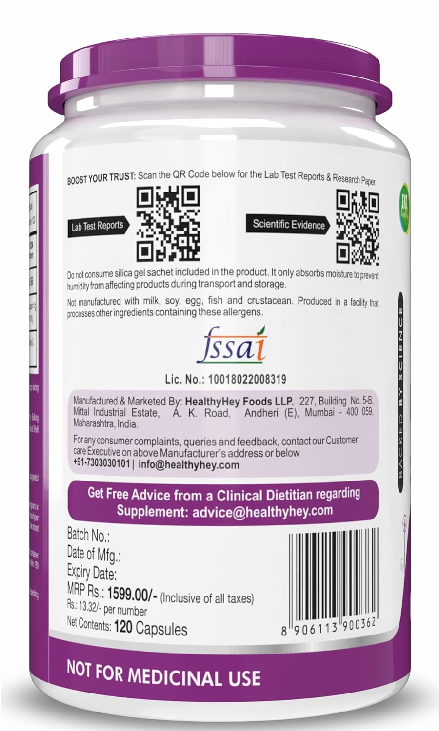 HealthyHey Nutrition Vegan Vitamin D3 - Natural Plant Based - Non GMO - Gluten Free - 400 IU 120 Veg Capsules