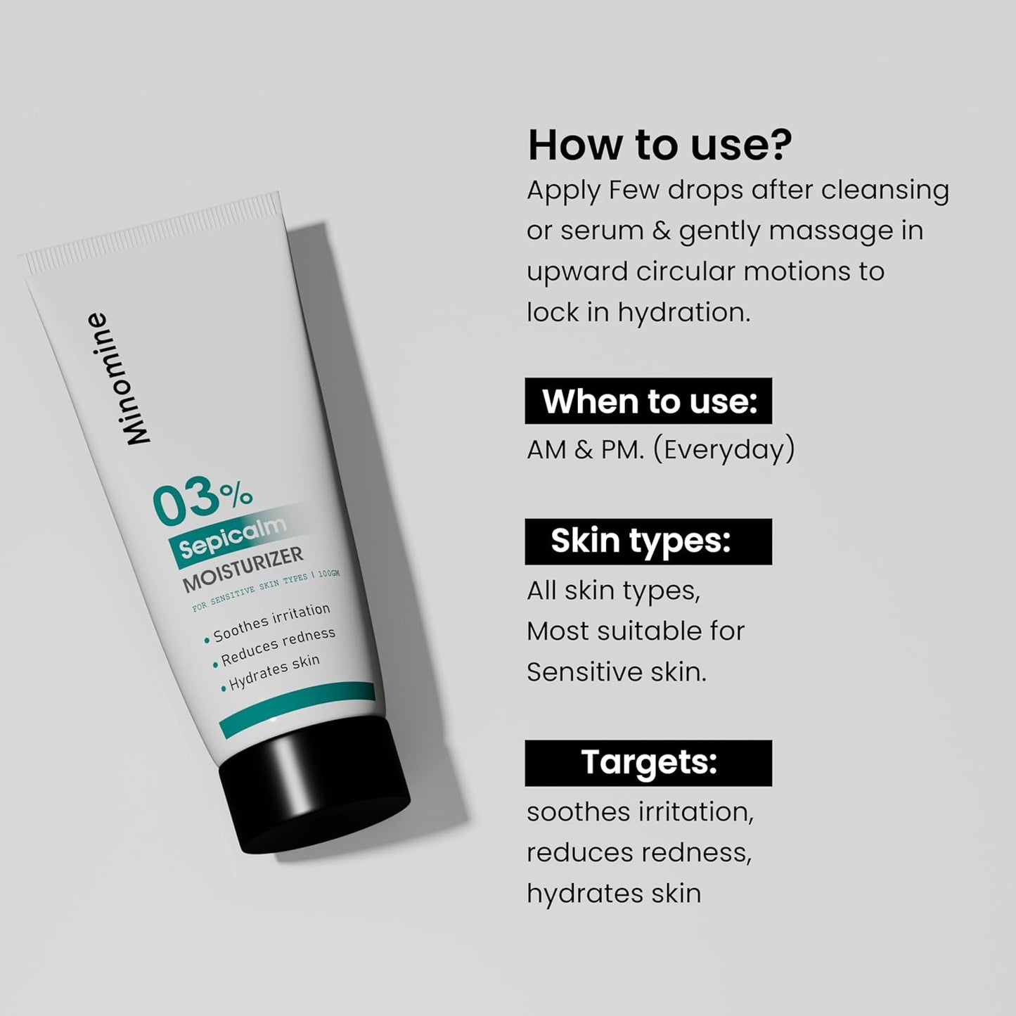 Minomine 03% Sepicalm Moisturizer with Vitamin B5 | Soothes Irritation, Reduces Redness, Hydrates Skin | Men & Women, Sensitive Skin Types, 100gm