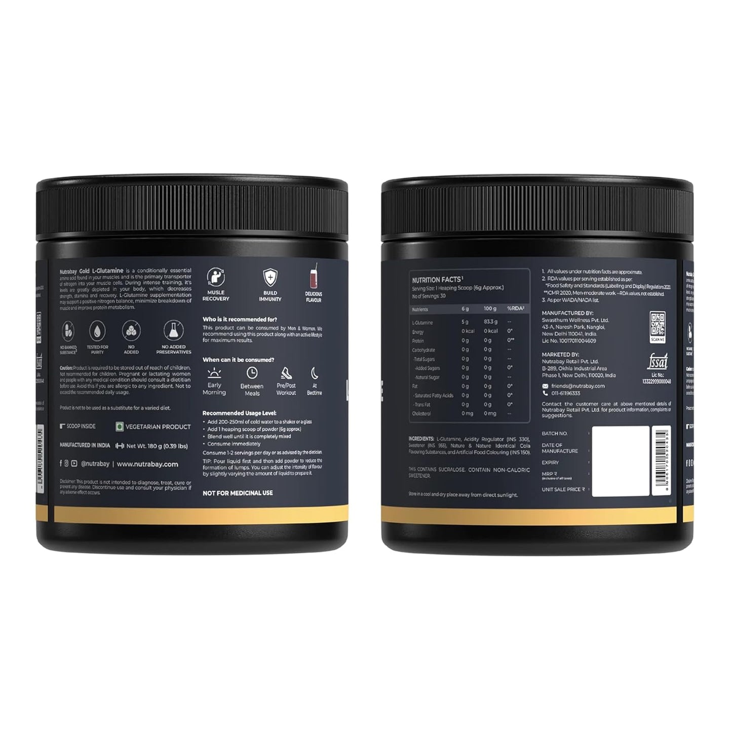 Nutrabay Gold L-Glutamine Supplement Powder 180g, Cola Flavor â€“ Post Workout Amino Acid for Muscle Growth & Recovery | 100% Authentic Supplement | No Banned Substances | Tested for Purity