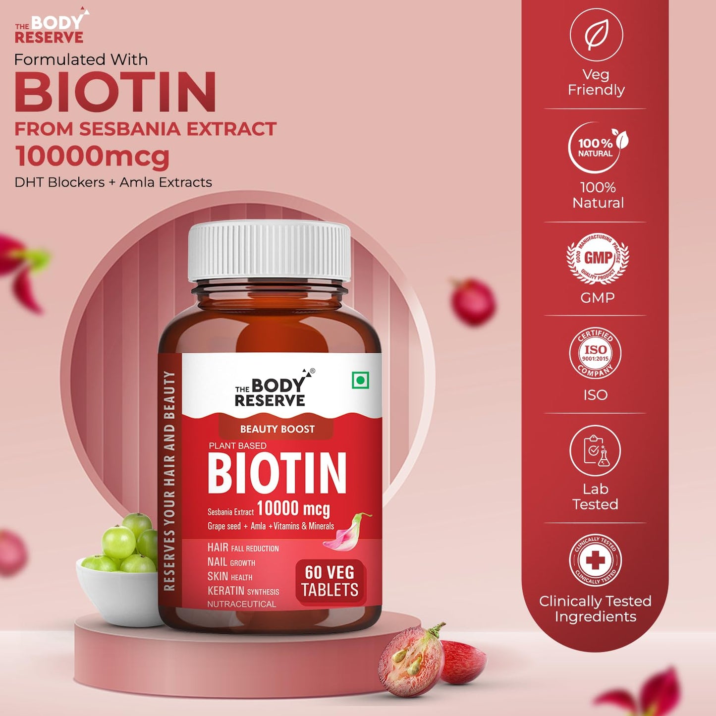 The Body Reserve Plant-Based Biotin Tablets - 60 Veg Tablets, Biotin from Sesbania Extract with Amla & Grapeseed - Supports Hair, Skin, and Nails - For Men & Women