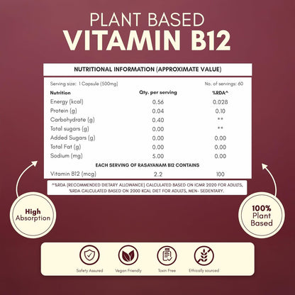 Rasayanam Plant-Based Vitamin B12 | 100% Vegan Vitamin B12 | Enriched with 7 Superfoods like Moringa, Amla & More | Supports Energy, Nerve Health & Brain Function | 60 Veg Capsules