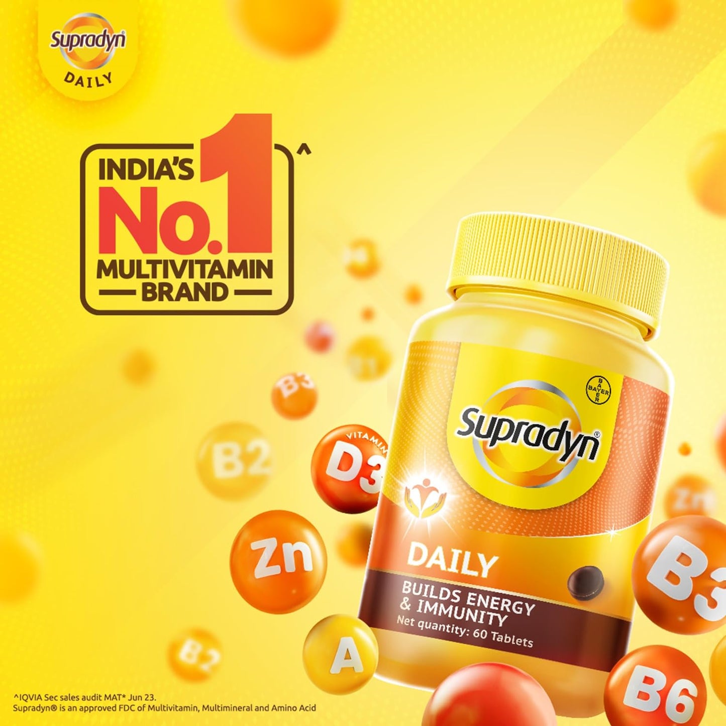 Supradyn Daily, No.1 Multivitamin (60 tablets) with Biotin, Vitamin C, Vitamin D3, Calcium, Zinc for Daily Immunity & 2X Energy for Men & Women