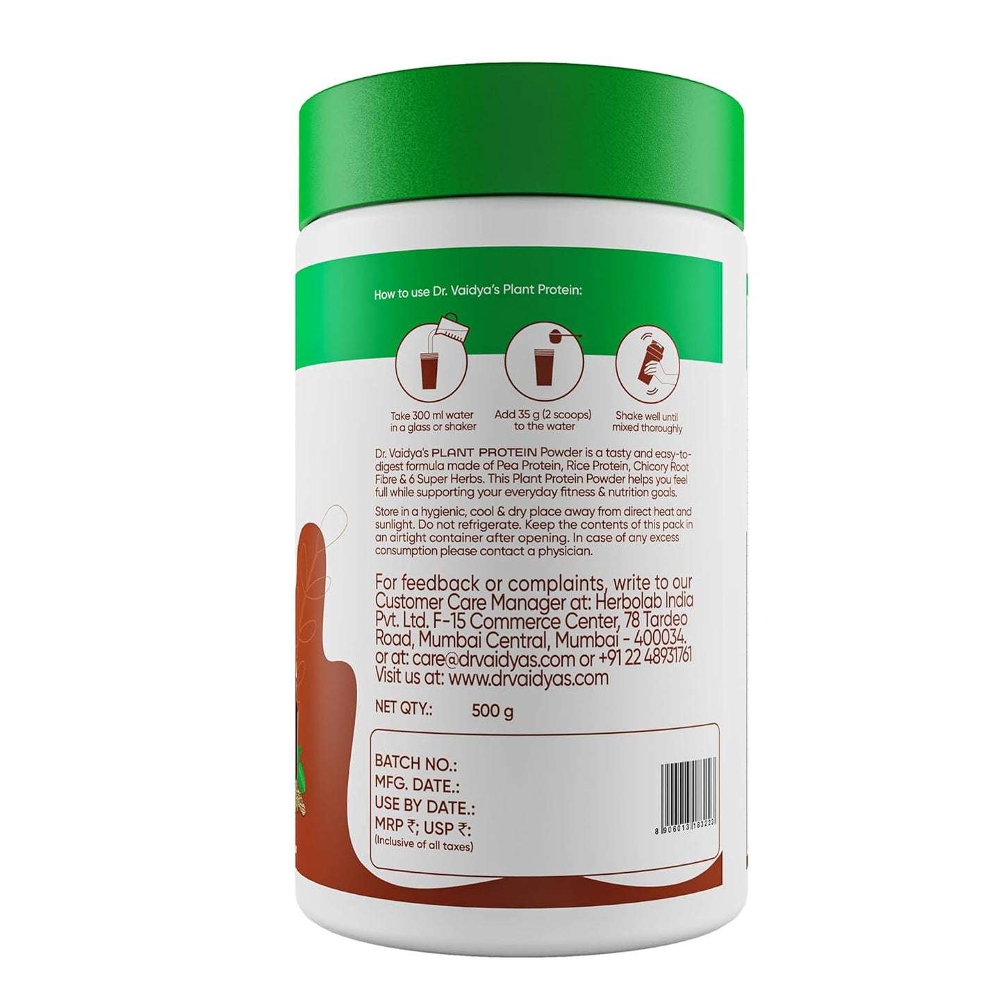 Dr. Vaidyaâ€™s Plant Protein Powder | Ayurvedic Pea Protein with Ashwagandha, Methi & Ajwain | 25g Protein per Serving | Muscle Gain, Energy & Weight Loss | 500g Chocolate Flavour