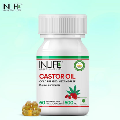 INLIFE Castor Oil Supplement for Hair and Skin, Natural Laxative, Quick Release, 500mg â€“ 60 Liquid Filled Vegetarian Capsules (Pack of 1, 60)
