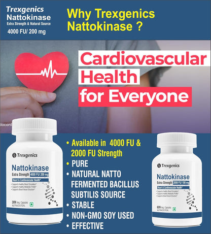 Trexgenics NATTOKINASE 4000 FU / 200 mg from Natto- Double Strength, Heart & Cardiovascular Health Support (4000 FU (30 Veg Capsules))
