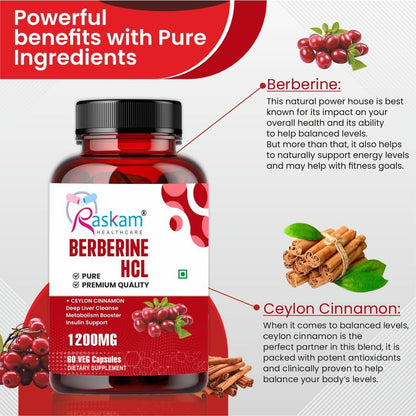 Healthcare Berberine HCL 1200mg with Ceylon Cinnamon, 60 Vegetarian Capsules, Dietary Supplement