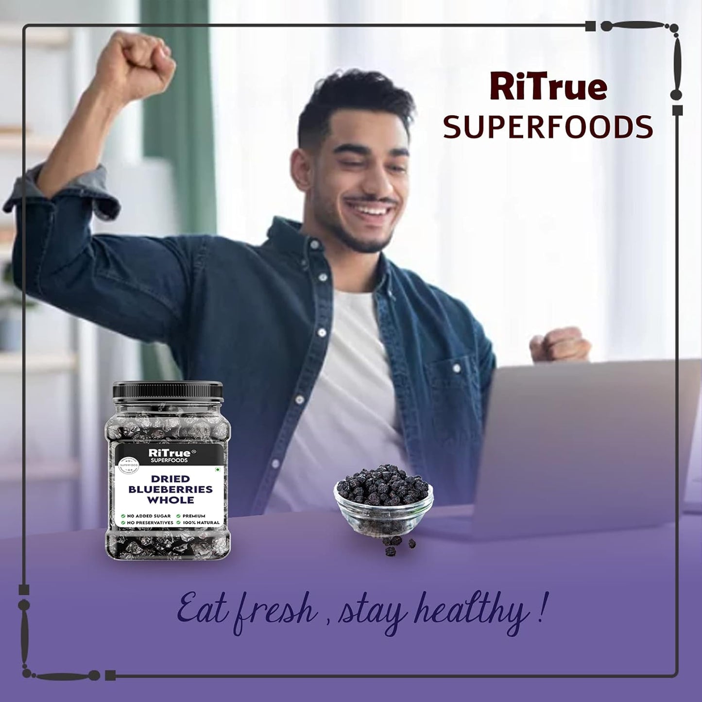 RiTrue - Original No Refined Sugar Blueberry (Seedless) - 250 Gm Jar - No Additives Blueberries Dry Fruits blue berry