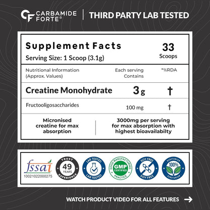 Carbamide Forte Creatine Mono hydrate Powder | Micronized Monohydrate Creatine 103g | Micronized Monohydrate Supplement for Lean Muscle, Strength & Energy - Unflavoured - 33 Servings - 103g