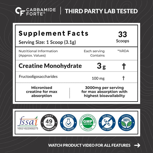 Carbamide Forte Creatine Mono hydrate Powder | Micronized Monohydrate Creatine 103g | Micronized Monohydrate Supplement for Lean Muscle, Strength & Energy - Unflavoured - 33 Servings - 103g