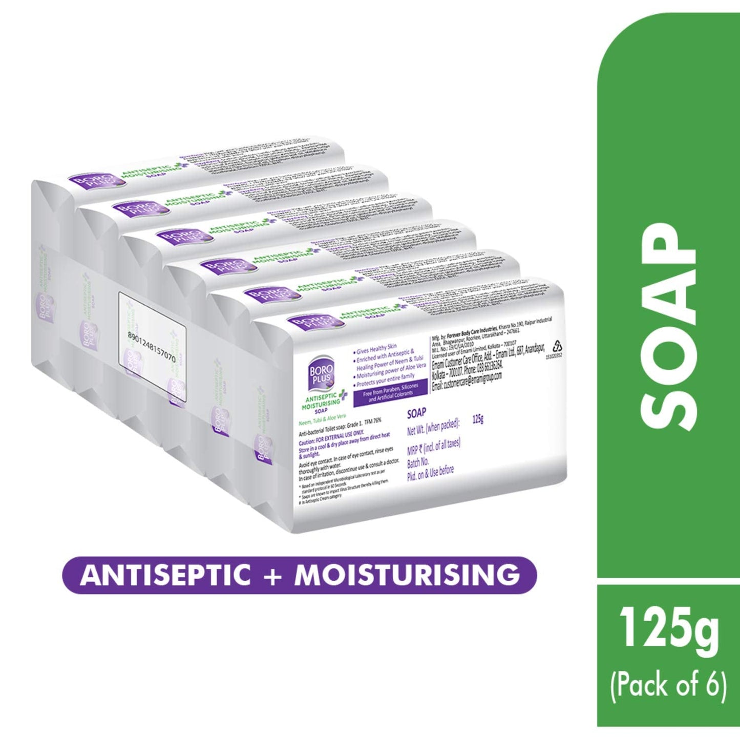 Boroplus Antiseptic And Moisturising Bathing Soap With Aloe Vera, Neem And Tulsi | 99.9% Germ And Virus Protection | For Smooth, Soft & Nourished Skin, 125G (Pack Of 6)