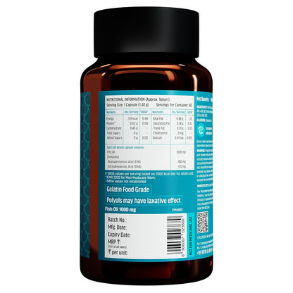 HealthKart HK Vitals Fish Oil For Men And Women (60 Capsules) | 1000mg Omega 3 with 180mg EPA & 120mg DHA | For Brain, Heart, Eyes, and Joints Health