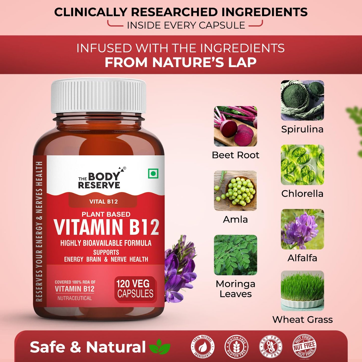 The Body Reserve Plant Based Vitamin B12 Supplement For Men & Women 120 Capsules Organic Vitamin B12 For Nerve And Brain Health Vegan Capsules
