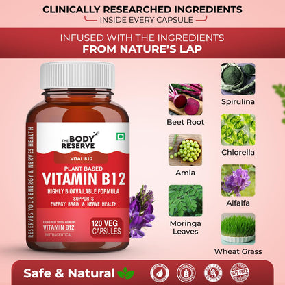 The Body Reserve Plant Based Vitamin B12 Supplement For Men & Women 120 Capsules Organic Vitamin B12 For Nerve And Brain Health Vegan Capsules