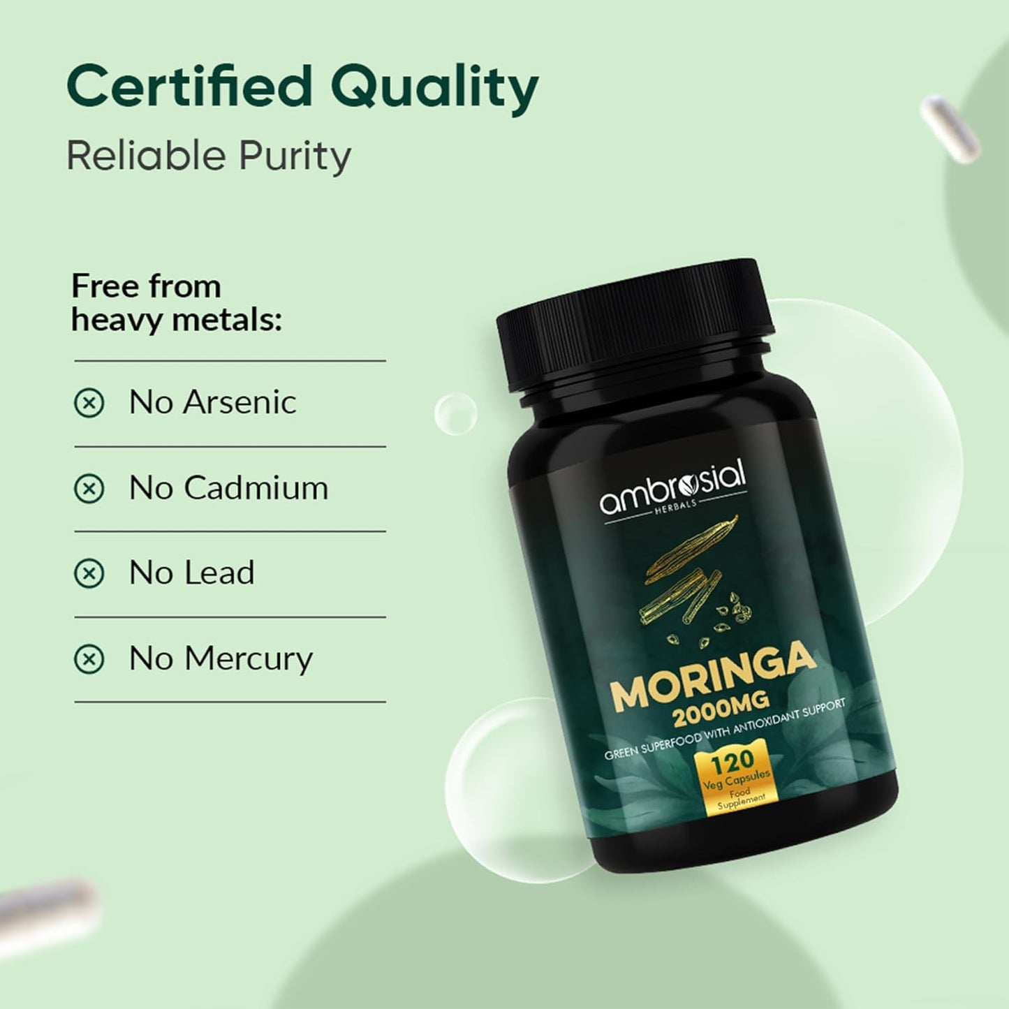 Ambrosial Moringa Capsules 2000mg | Moringa Leaf Extract | Plant-Based Herbal Supplement | Natural Wellness Support | 120 Vegan Capsules