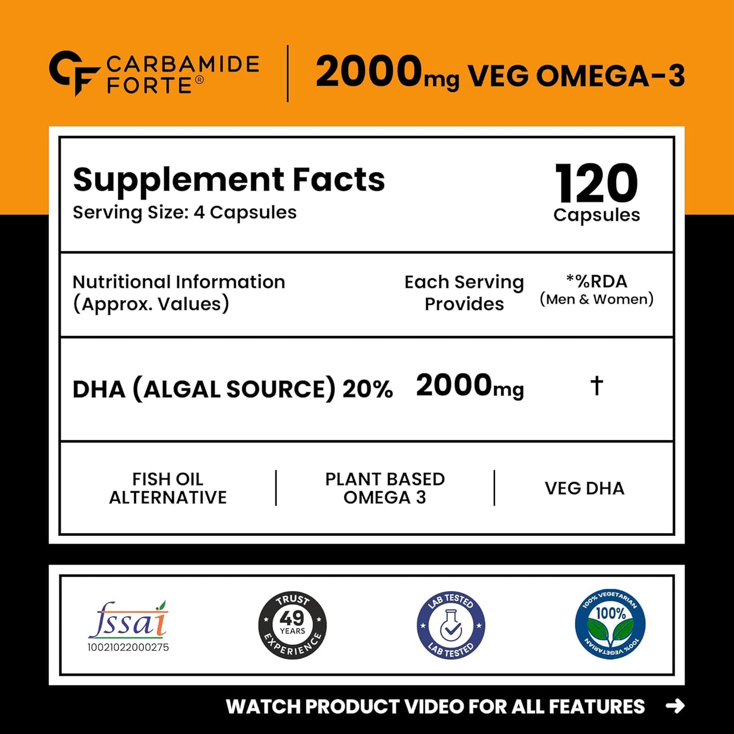 Carbamide Forte Veg Omega 3 2000mg | Plant- Based Omega 3 Supplement with 20% Algal DHA | Supports Heart, Brain & Eye Health - 120 Capsules