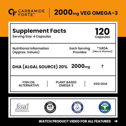 Carbamide Forte Veg Omega 3 2000mg | Plant- Based Omega 3 Supplement with 20% Algal DHA | Supports Heart, Brain & Eye Health - 120 Capsules
