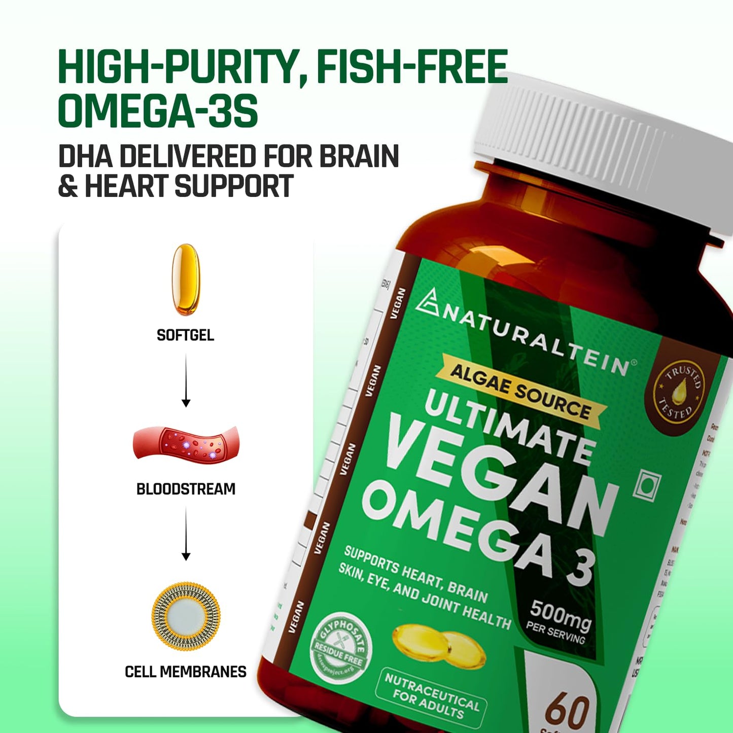Naturaltein Ultimate Vegan Omega 3 (60 Softgels) | Algae Source DHA | 1000 mg Algae Oil & 500 mg DHA Per Serving | Plant-Based Omega 3 | Heavy Metal Tested