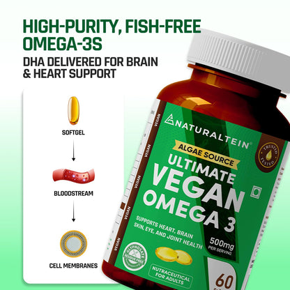 Naturaltein Ultimate Vegan Omega 3 (60 Softgels) | Algae Source DHA | 1000 mg Algae Oil & 500 mg DHA Per Serving | Plant-Based Omega 3 | Heavy Metal Tested