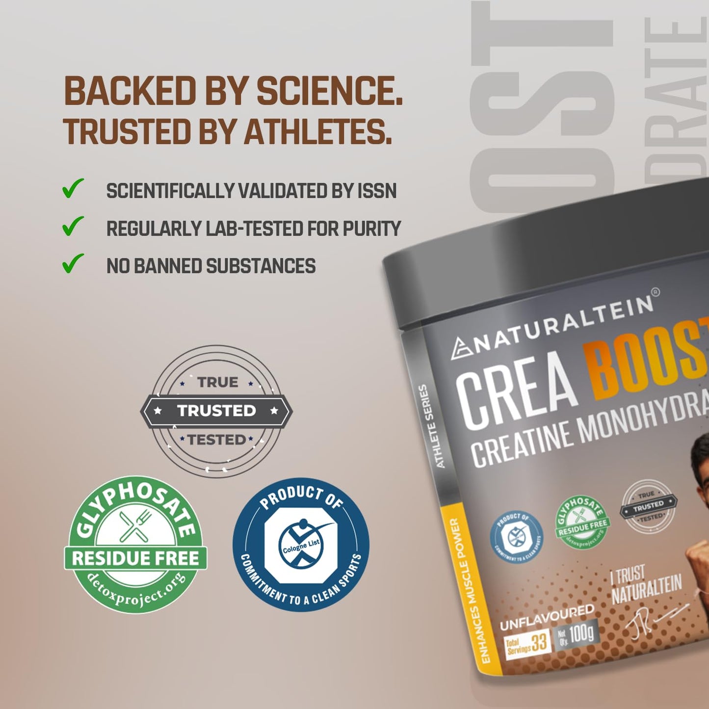 NATURALTEIN Creatine Monohydrate Unflavoured (100 Grams, 33 Servings)| Boosts Strength, Endurance & Muscle Recovery | No Fillers, No Preservatives|Fast Recovery|Increases Muscle Mass