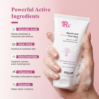 Zeelab 1RX Glycolic Acid Face Wash 100gm | Exfoliating & Brightening Cleanser | With Aloe Vera, Niacinamide & Vitamin E | Removes Dead Skin, Controls Oil & Helps Improve Skin Texture | For Men & Women