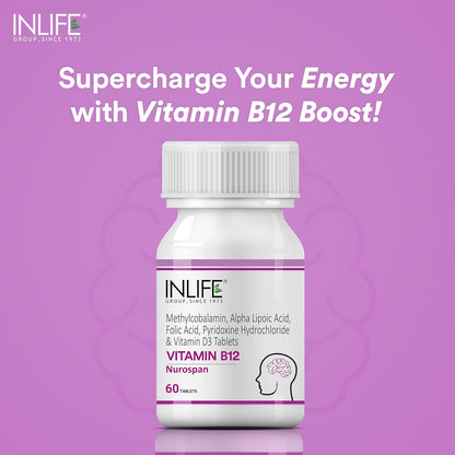 INLIFE Vitamin B12 (Methylcobalamin) 1500mcg Supplement with ALA, Folic Acid, Vitamin D3 | Nerve and Brain Health for Men & Women â€“ 60 Tablets(Pack Of 1, 60)