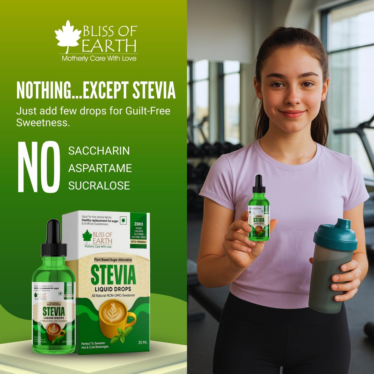 Bliss of Earth Stevia Liquid Drops Sugar free Zero Calorie Diabetic and Keto Friendly Sugar Substitute Glycerin Free 99.8% REB Glass Bottle Pack 30ml