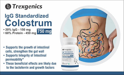 Trexgenics COLOSTRUM 750 mg, 20% IgG, 60% Protein, Immunity, Gut Health Support VEGETARIAN & NON-GMO (60 Veg. Capsules) (Pack of 1)