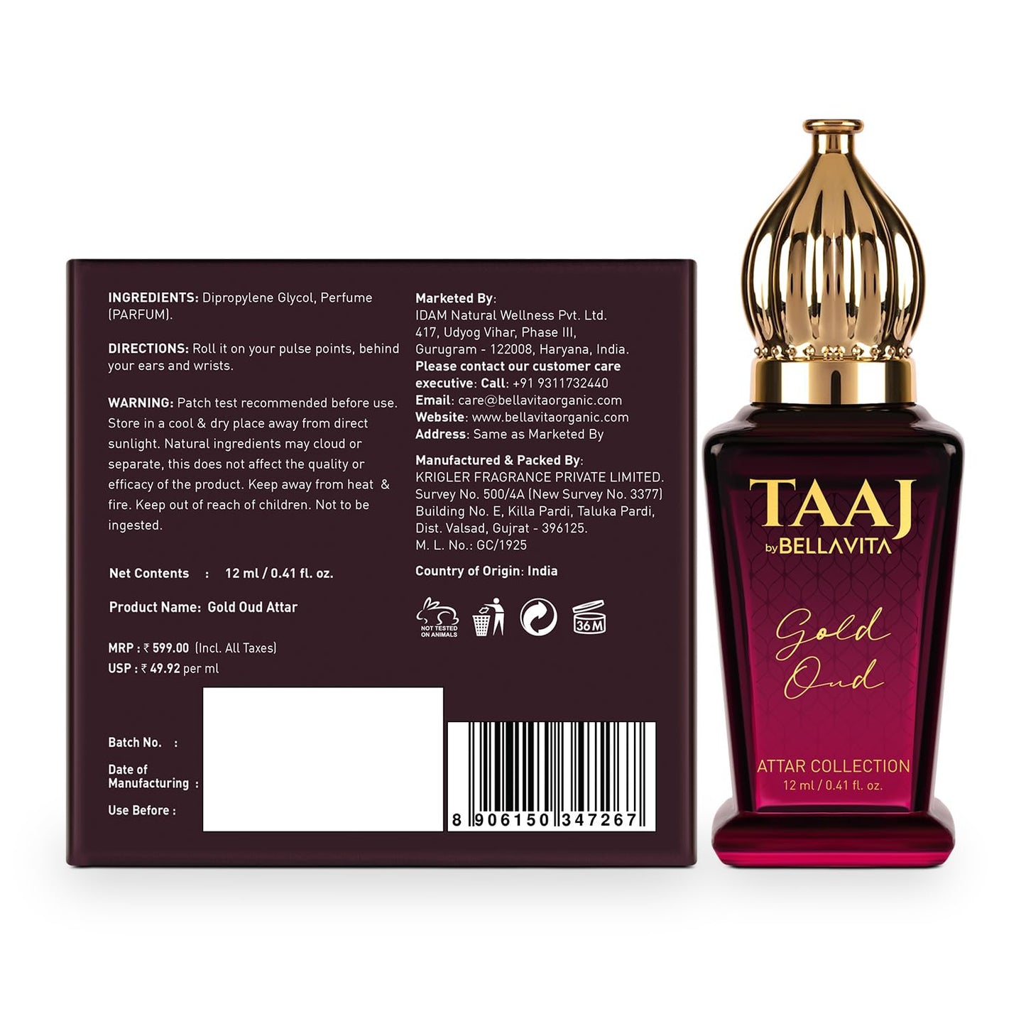 BELLAVITA TAAJ Gold Oud Unisex Long Lasting Attar for Man and Woman 12ml | Caramel, Rose, Jasmine and Orris | Non-Alcoholic Roll On | Ideal Gift for Men and Women