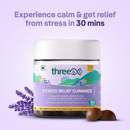three60 STRESS RELIEF Gummies |Reduces Stress & Cortisol Levels |Helps in Anxiety Relief & Calms Mind |KSM-66Â® Ashwagandha, Safrâ€™InsideTM (Saffron), Lavender|Non-Habit Forming|30 Stress Relief Gummies