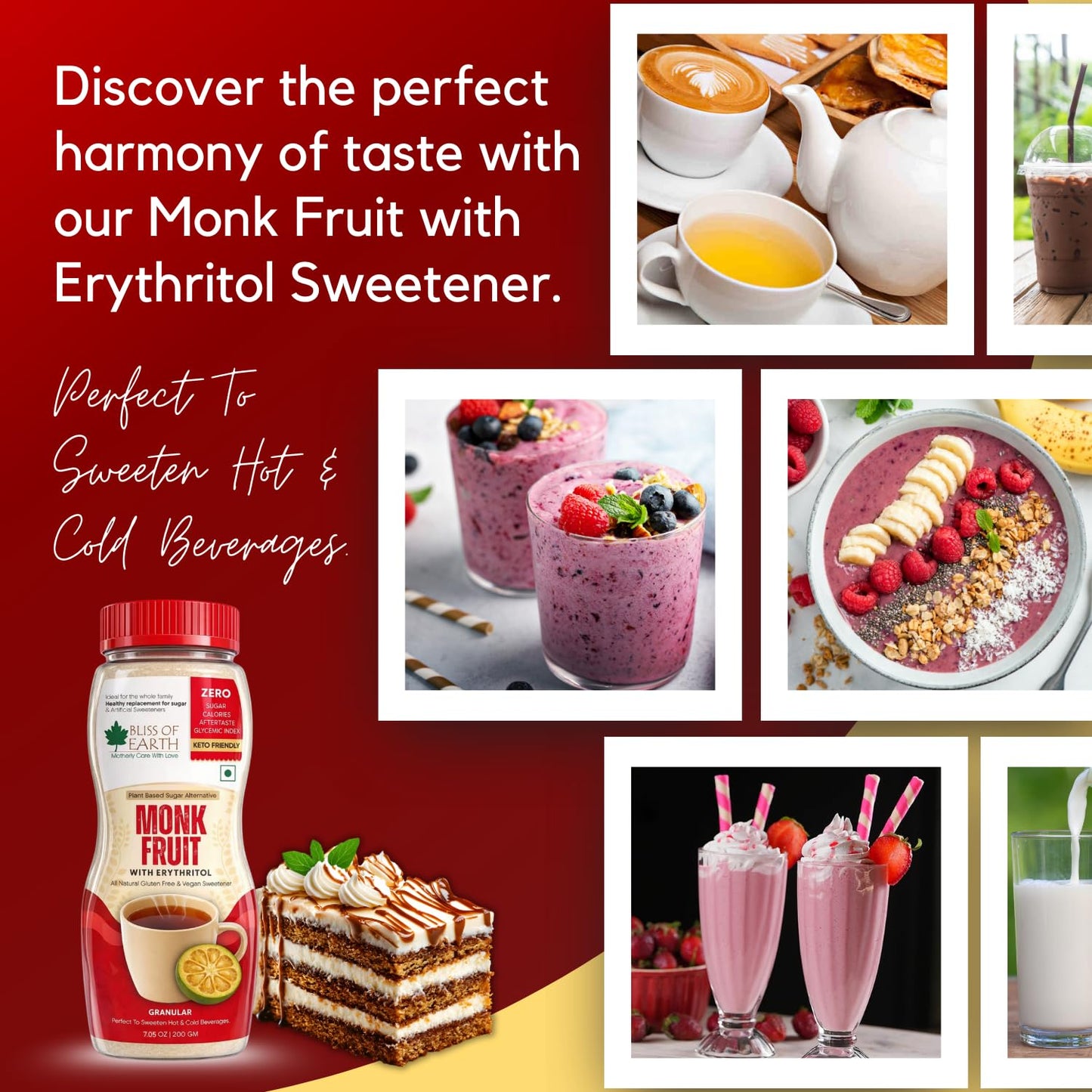 Bliss of Earth Monk Fruit Sweetener with Erythritol 200gm (Golden), 1:1 Zero Calorie Sugar Alternative, Keto Friendly, No Aftertaste, Zero Glycaemic Natural Sweetener,