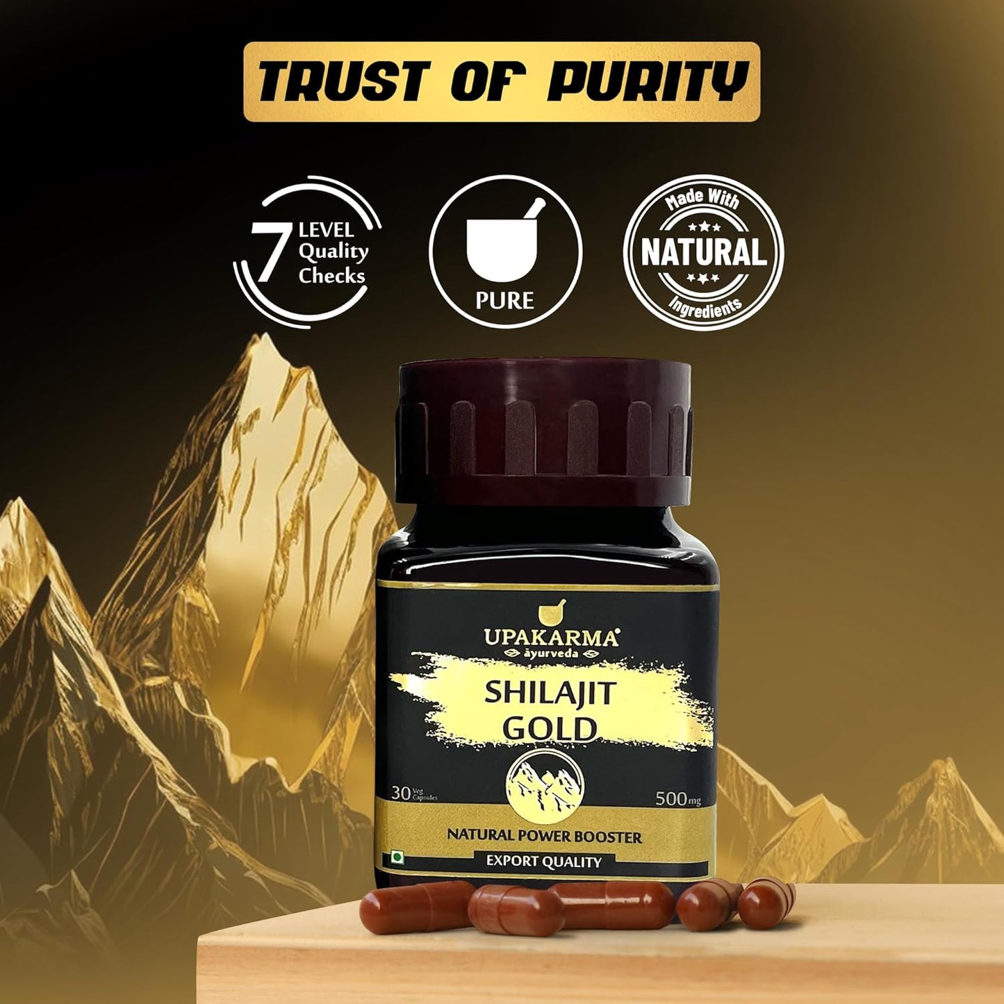 Upakarma Shilajit Gold 30 Capsules | Contains Gold | For Power, Stamina, Muscle Growth & Energy | Ashwagandha, Gokshura, Kali Musali & Other Action Herbs