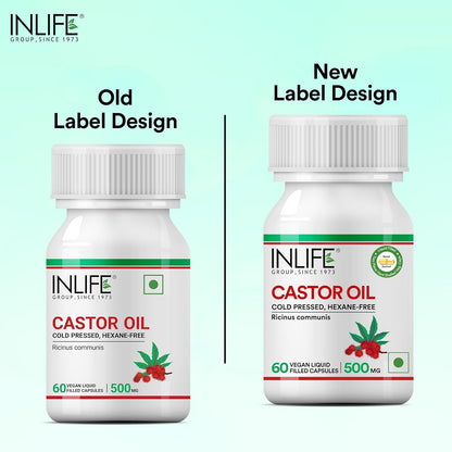 INLIFE Castor Oil Supplement for Hair and Skin, Natural Laxative, Quick Release, 500mg â€“ 60 Liquid Filled Vegetarian Capsules (Pack of 1, 60)