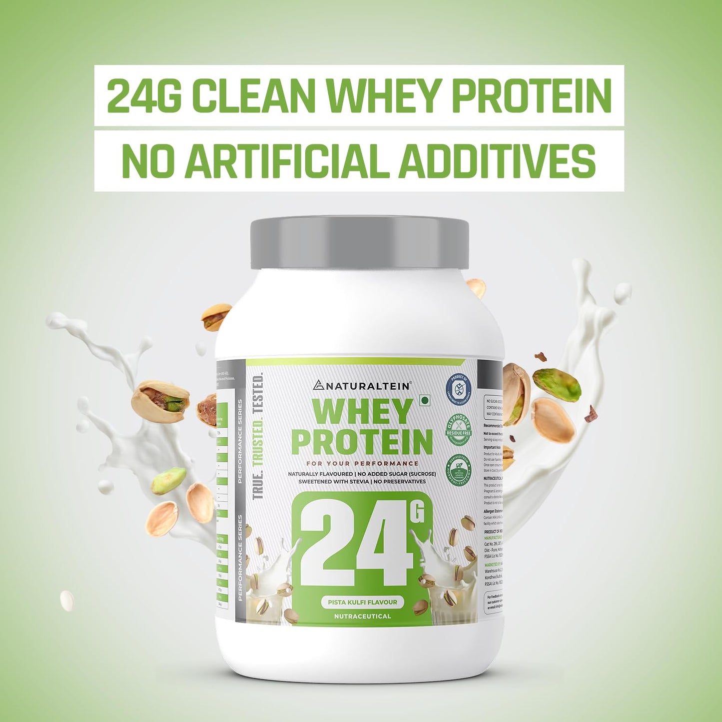 NATURALTEIN Natural Whey Protein â€“ 24g Protein per Serving | Pista Kulfi Flavour | Stevia Sweetened | No Added Sugar | Non-GMO | Soy-Free & Gluten-Free | Super Mixability | 1 kg