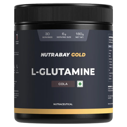 Nutrabay Gold L-Glutamine Supplement Powder 180g, Cola Flavor â€“ Post Workout Amino Acid for Muscle Growth & Recovery | 100% Authentic Supplement | No Banned Substances | Tested for Purity