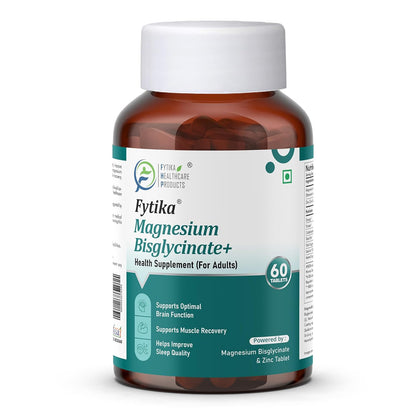 FYTIKA Magnesium Bisglycinate + | High Absorption Chelated Form| For Better Sleep, Stress Management, Muscle Recovery & Enhanced Workout | With Magnesium glycinate(as Bisglycinate) & Zinc | For Men & Women (PACK OF 1 â€“ 60 TABS)