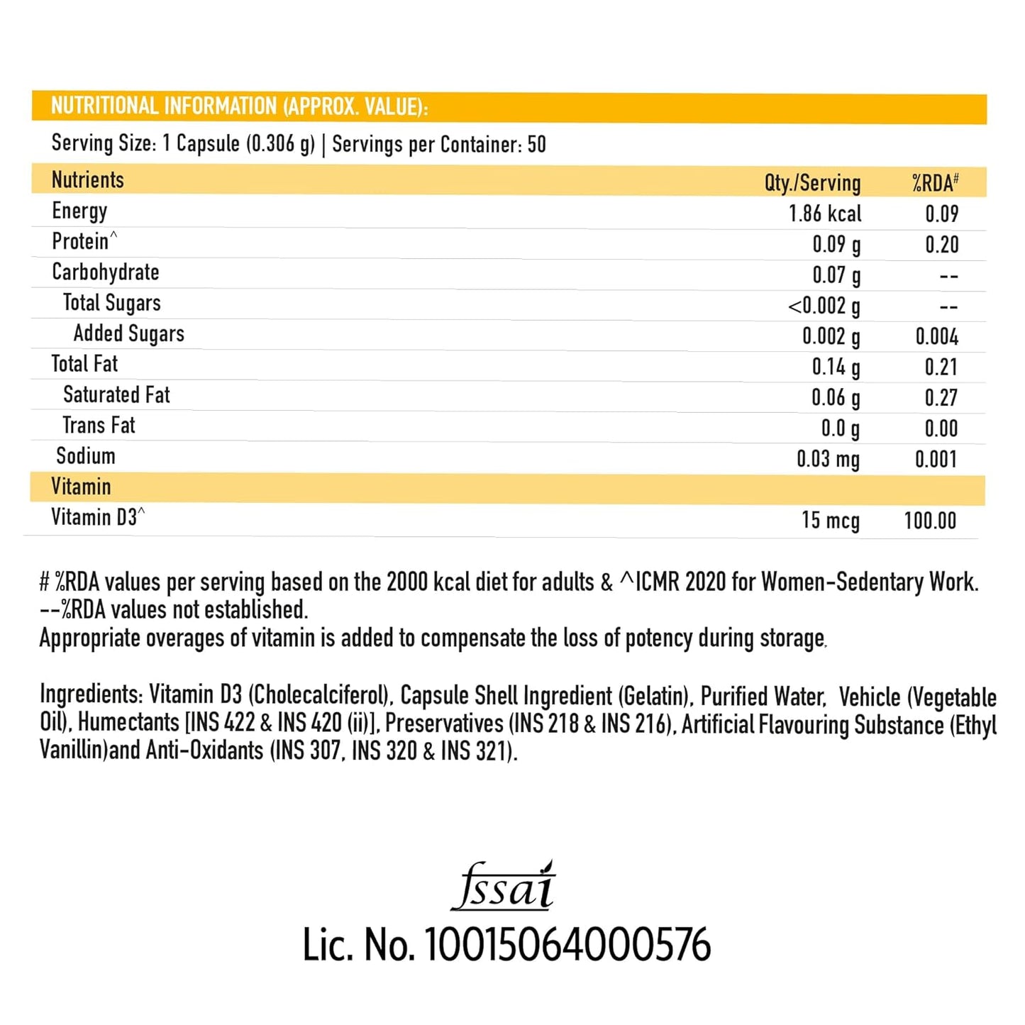 TrueBasics Vitamin D3 600 IU, for Healthy Bones, Strong Muscles, Boosts Immunity & Calcium Absorption, 50 Vitamin D Capsules