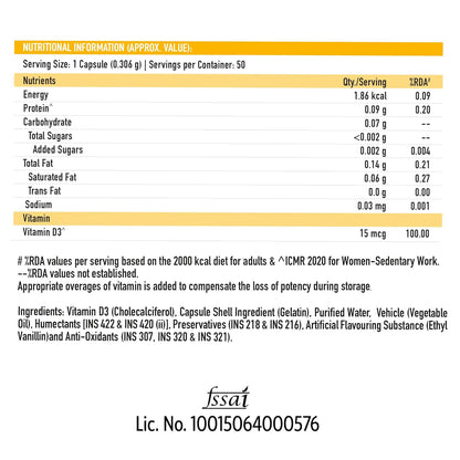 TrueBasics Vitamin D3 600 IU, for Healthy Bones, Strong Muscles, Boosts Immunity & Calcium Absorption, 50 Vitamin D Capsules