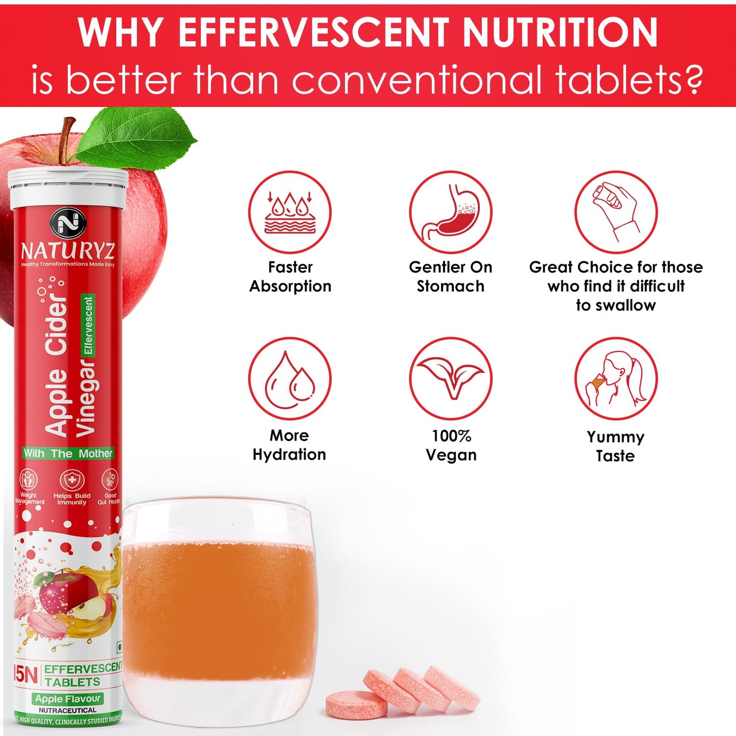 Naturyz Apple Cider Vinegar Effervescent Tablets | Detox | Immunity | Supports Digestion | Gluten-Free | Vegan - 15 tablets (Apple Flavour)