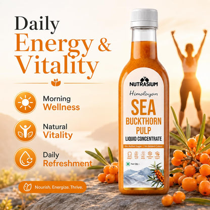 Nutrasium Himalayan Sea Buckthorn Berry Juice - 500 ml - Natural Source of Vitamin C, Omega 3 6 7 9, Antioxidants for Immunity, Skin Glow & Gut Health - 50 Glasses