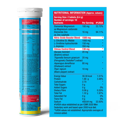 Fast&Up Man Extend | TestofenÂ® Fenugreek Extract |Nitric Oxide Booster + Energizing Blend | Shatavari | Brahmi| Helps Improves Vitality & Stamina | Pack of 20 Effervescent (Peach Flavour)