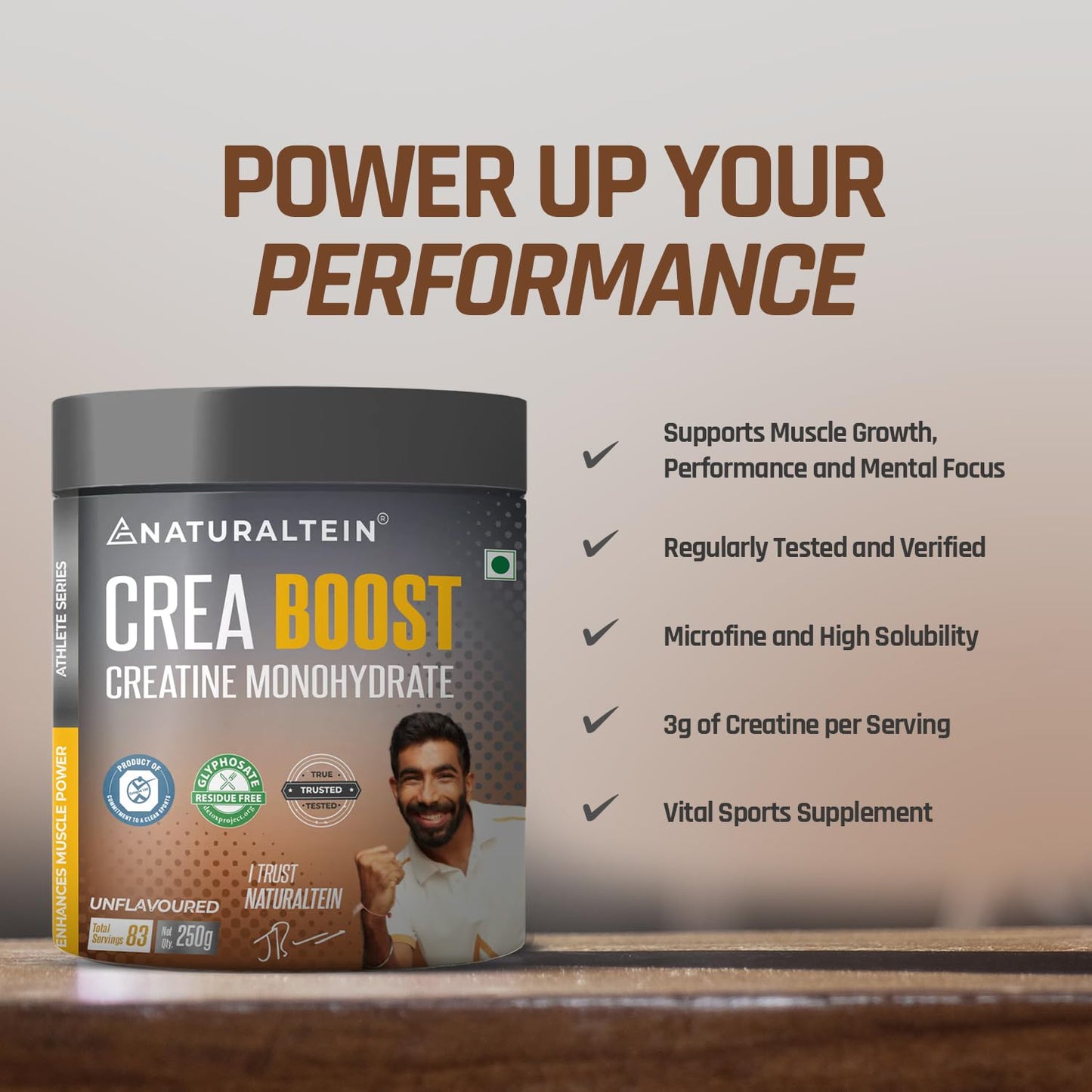 NATURALTEIN Creatine Monohydrate Unflavoured (250 Grams, 83 Servings)| Boosts Strength, Endurance & Muscle Recovery | No Fillers, No Preservatives|Fast Recovery|Increases Muscle Mass