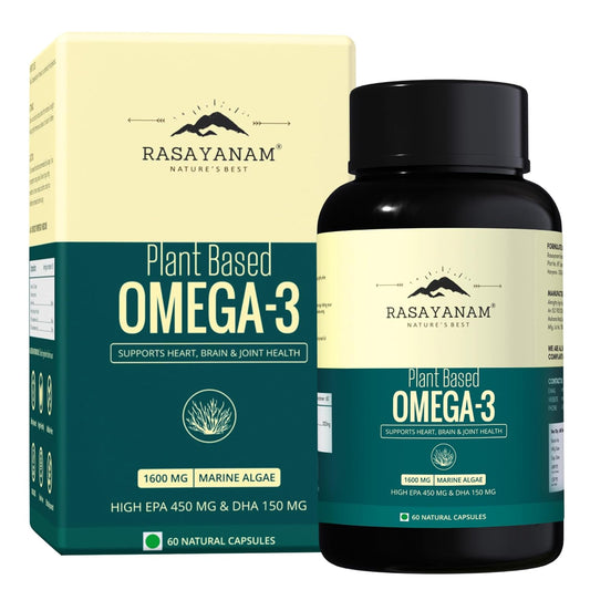 Rasayanam Plant Based Omega-3 Capsules, 1600mg | Gelatin Free, No Burps, No Fish Oil, Pure Algae | 450mg EPA & 150mg DHA, Better Joint & Heart Health | Vegetarian Omega 3 Supplement - 60 Capsules