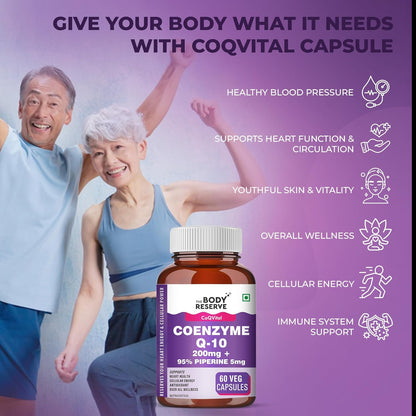 The Body Reserve Coenzyme Q10 200mg with 95% Piperine â€“ High Absorption CoQ10 Supplement for Heart & Vascular Health | Supports Energy Production & Cellular Function | Powerful Antioxidant | 60 Vegetarian Capsules